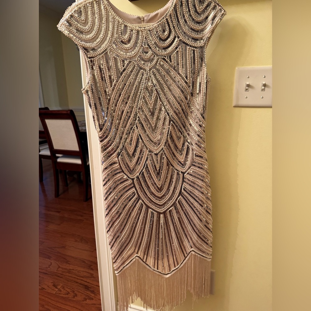 Elegant Beaded Fringe Dress - Cream and Silver